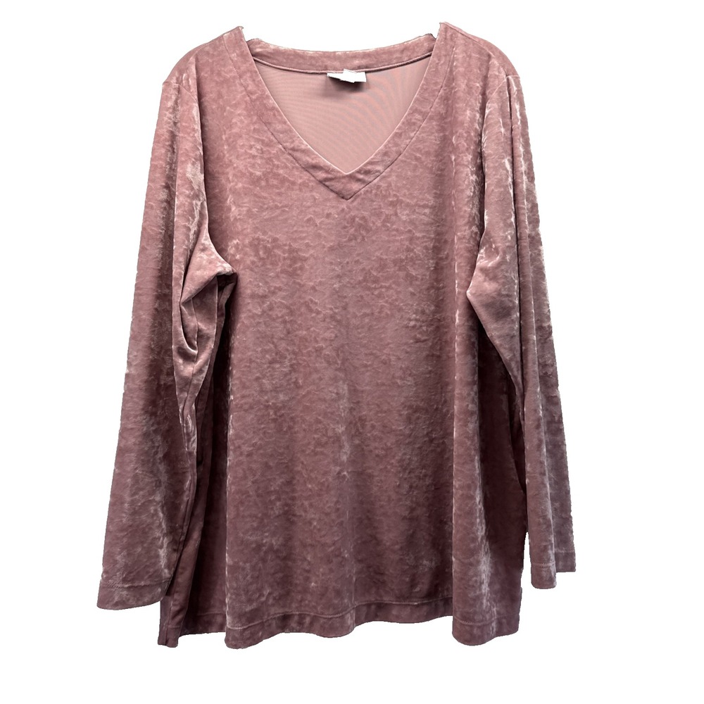 J Jill Women's Tunic Top Size 1X Solid Pink Crushed Velvet Long Sleeve Pullover